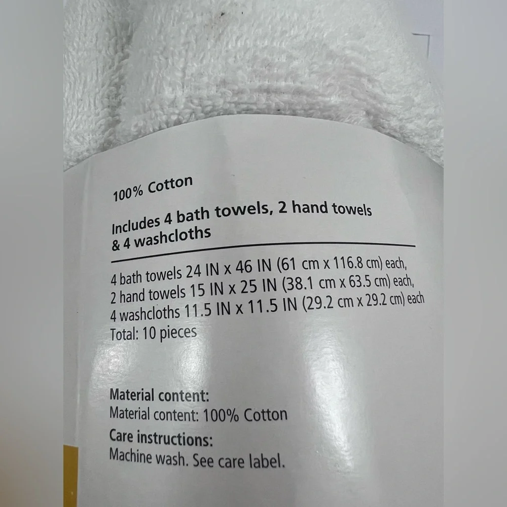 Mainstays White Towel Set 100% Cotton 10 Pieces